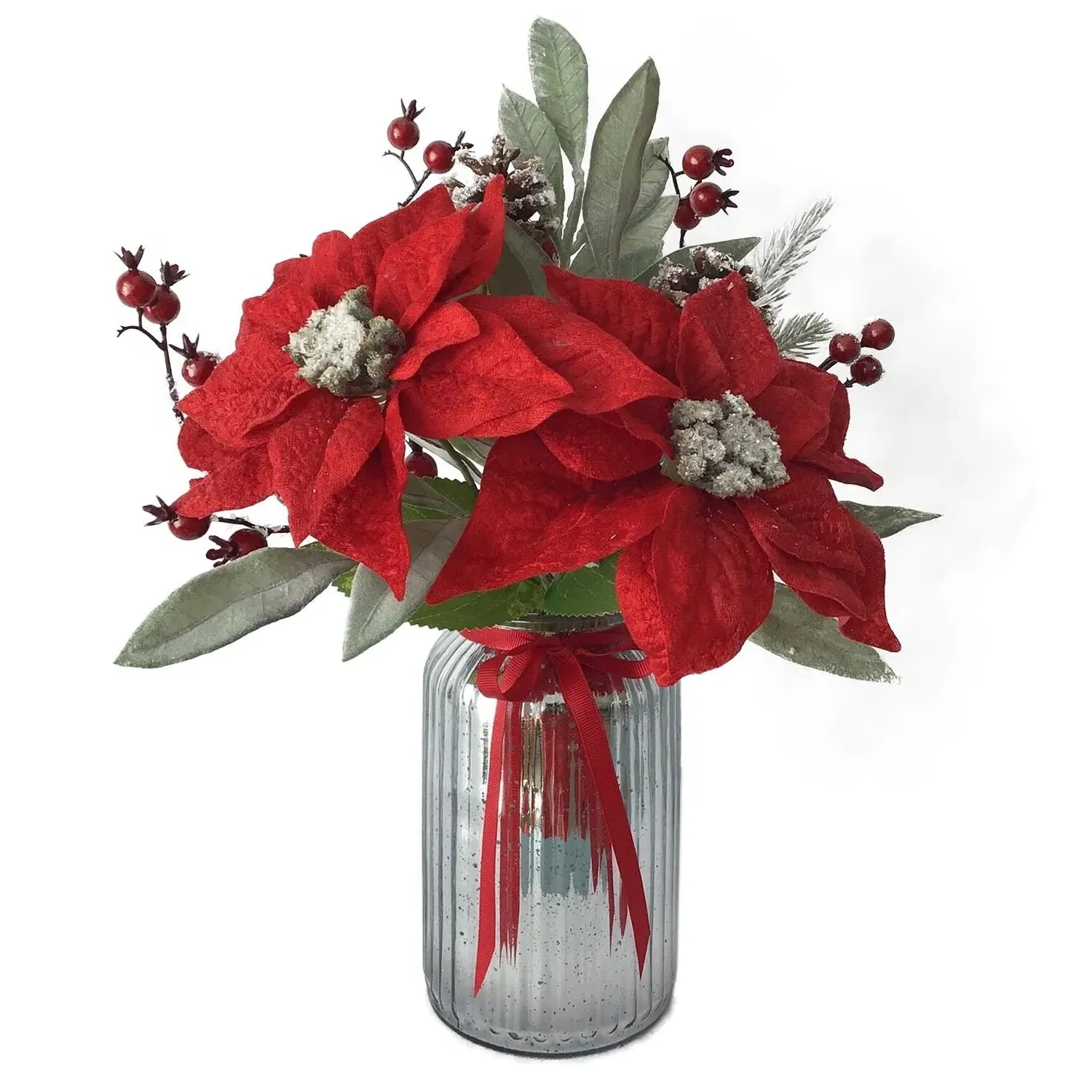 Red Poinsettia Artificial Flower in Silver Jar