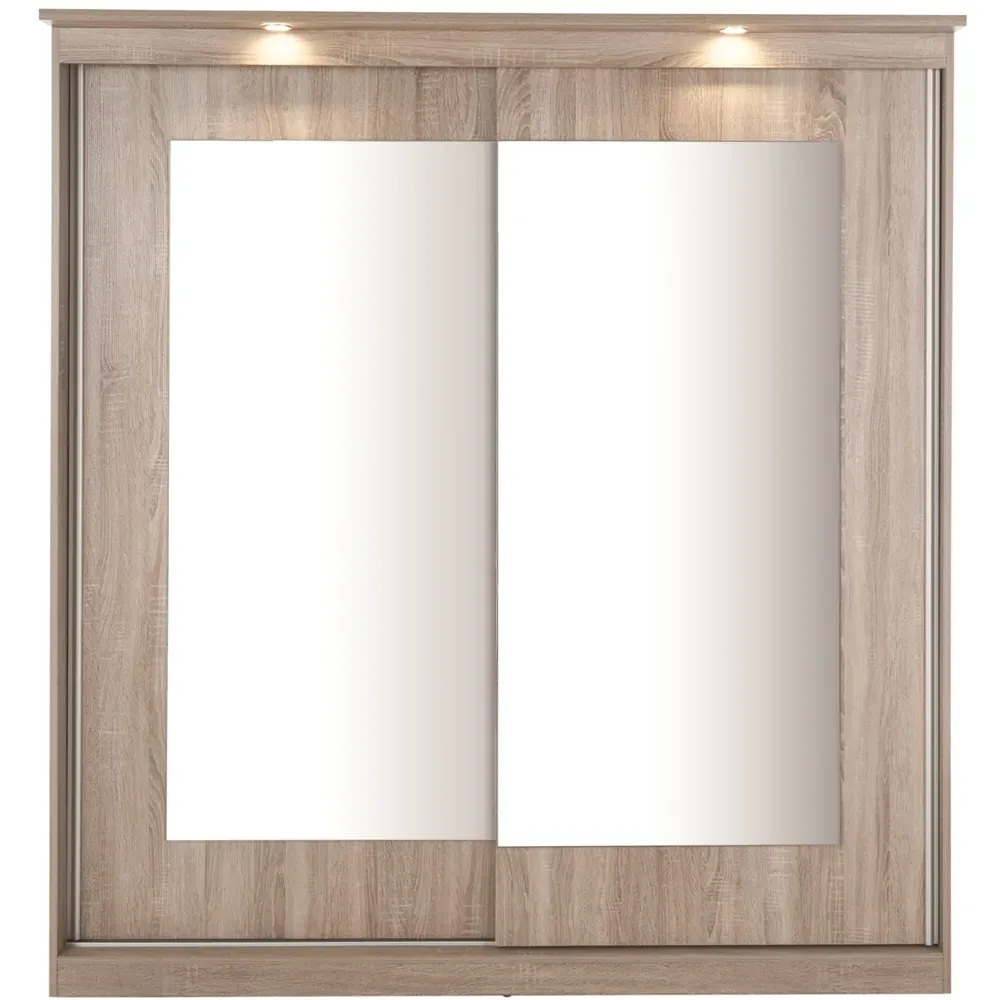 Riviera 2 Door Large Mirror Wardrobe with Lights - Light Oak