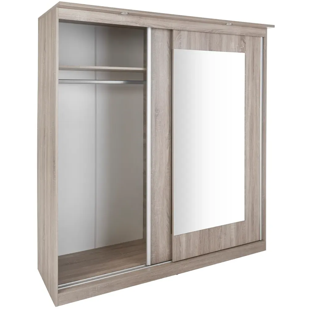 Riviera 2 Door Large Mirror Wardrobe with Lights - Light Oak