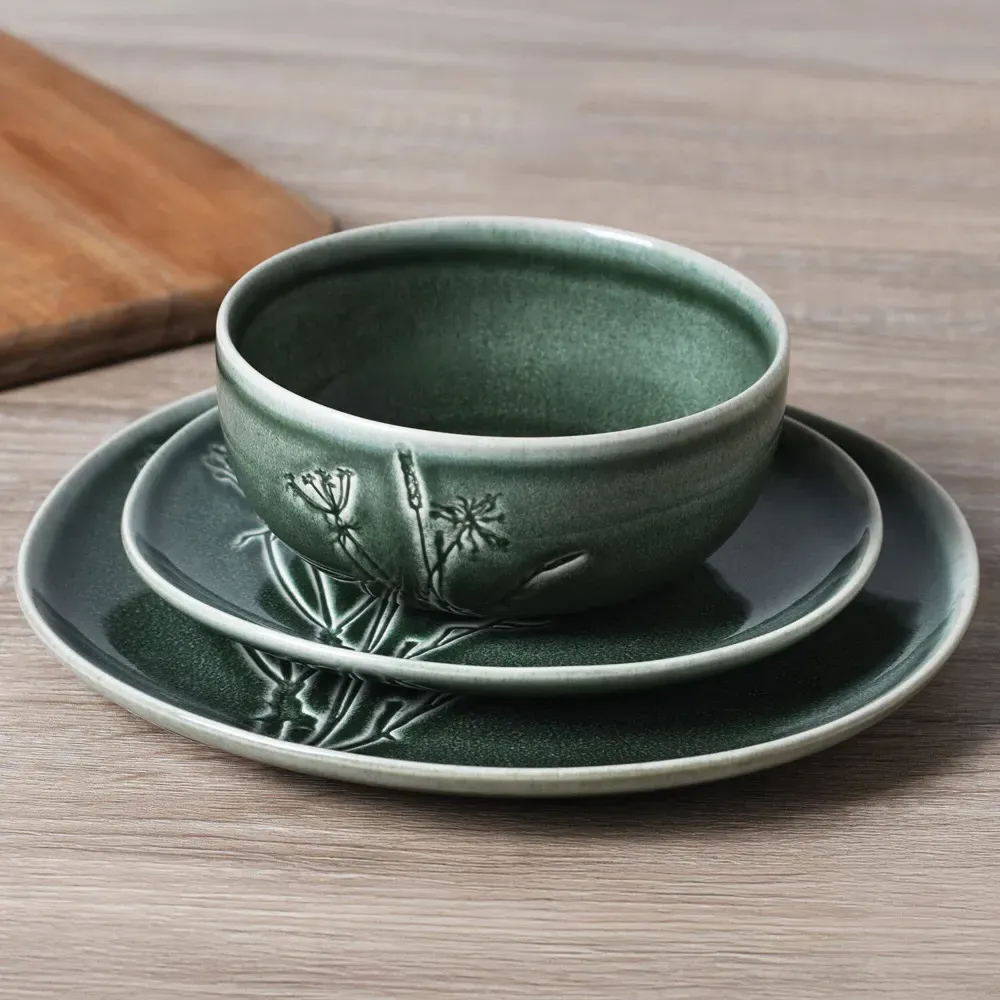 Sage Embossed Decal Dinner Set 12 Piece - Green, Stoneware
