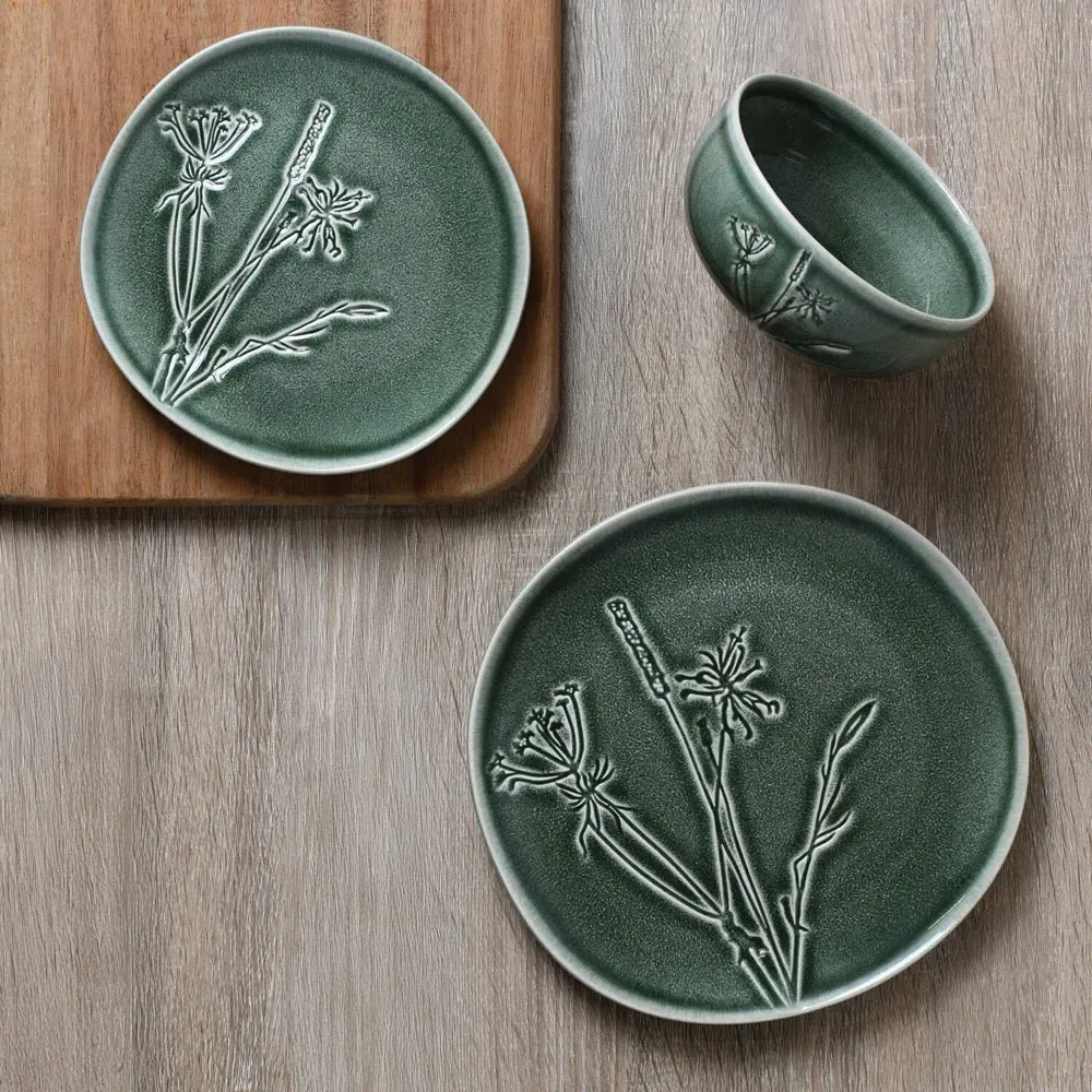 Sage Embossed Decal Dinner Set 12 Piece - Green, Stoneware