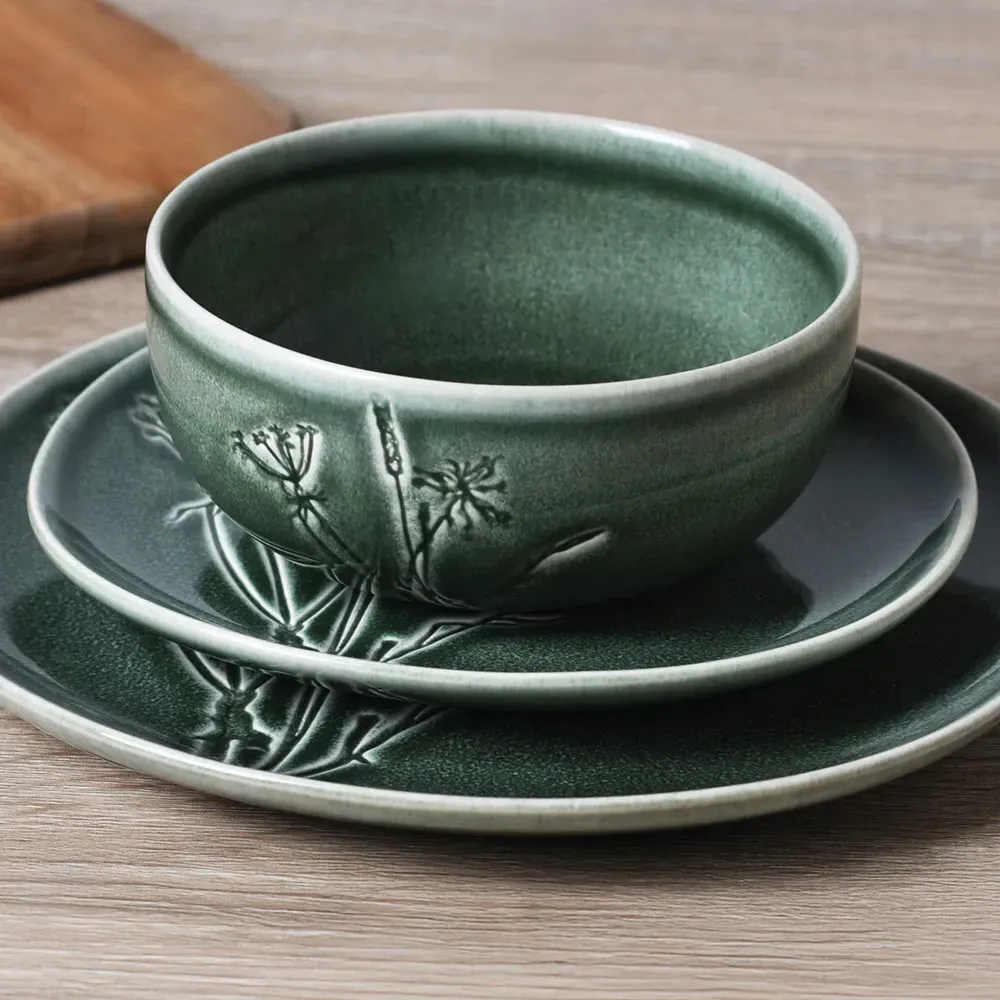 Sage Embossed Decal Dinner Set 12 Piece - Green, Stoneware