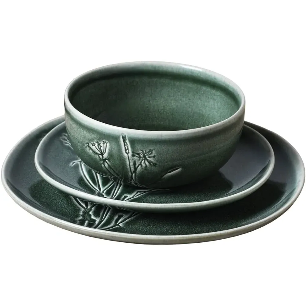Sage Embossed Decal Dinner Set 12 Piece - Green, Stoneware