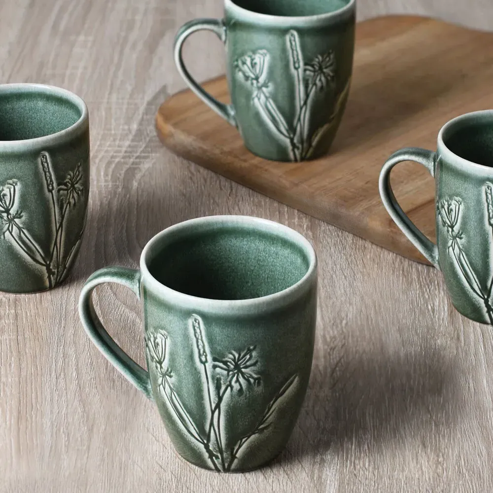 Sage Embossed Decal Mug Set 4 Pack - Green, Stoneware