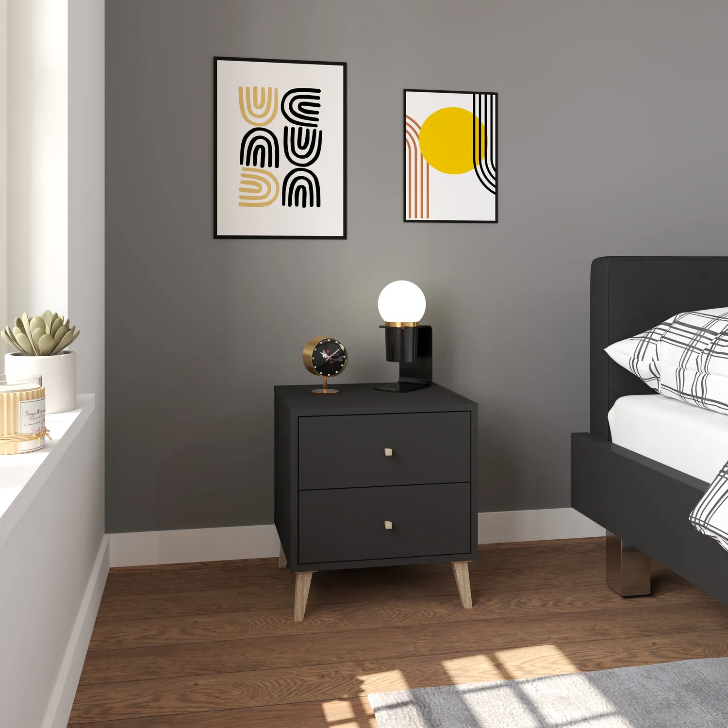 Salford 2 Drawer Bedside Table - Black