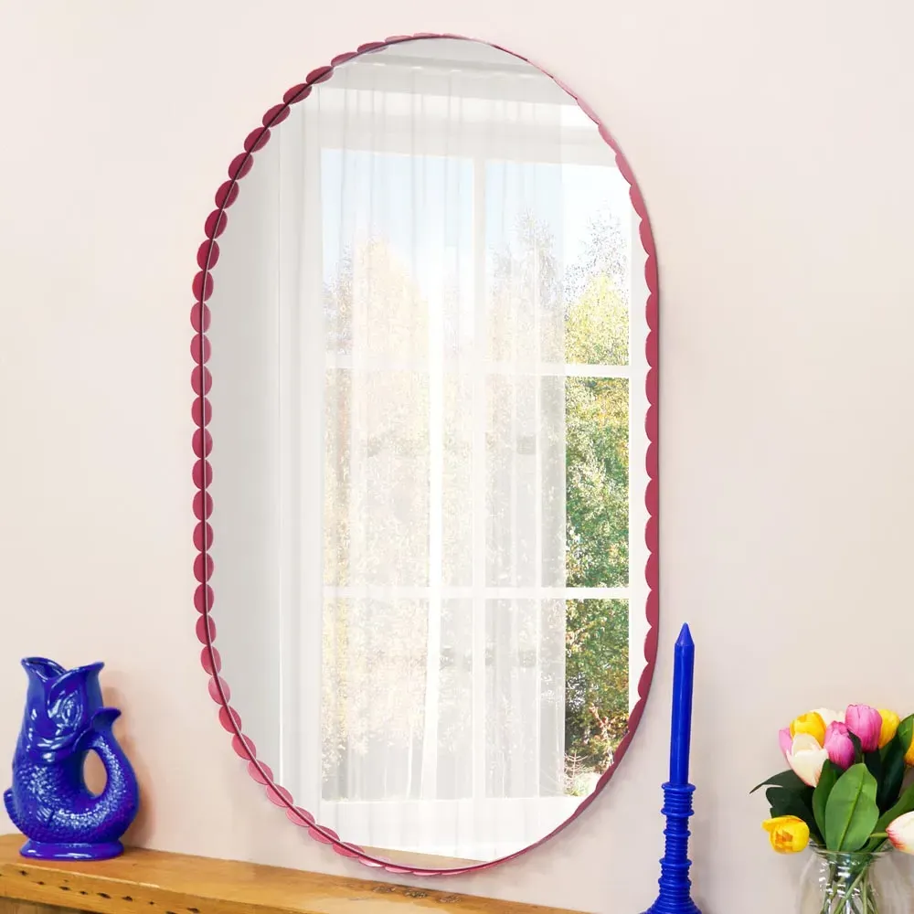 Scalloped Oval Mirror - Red