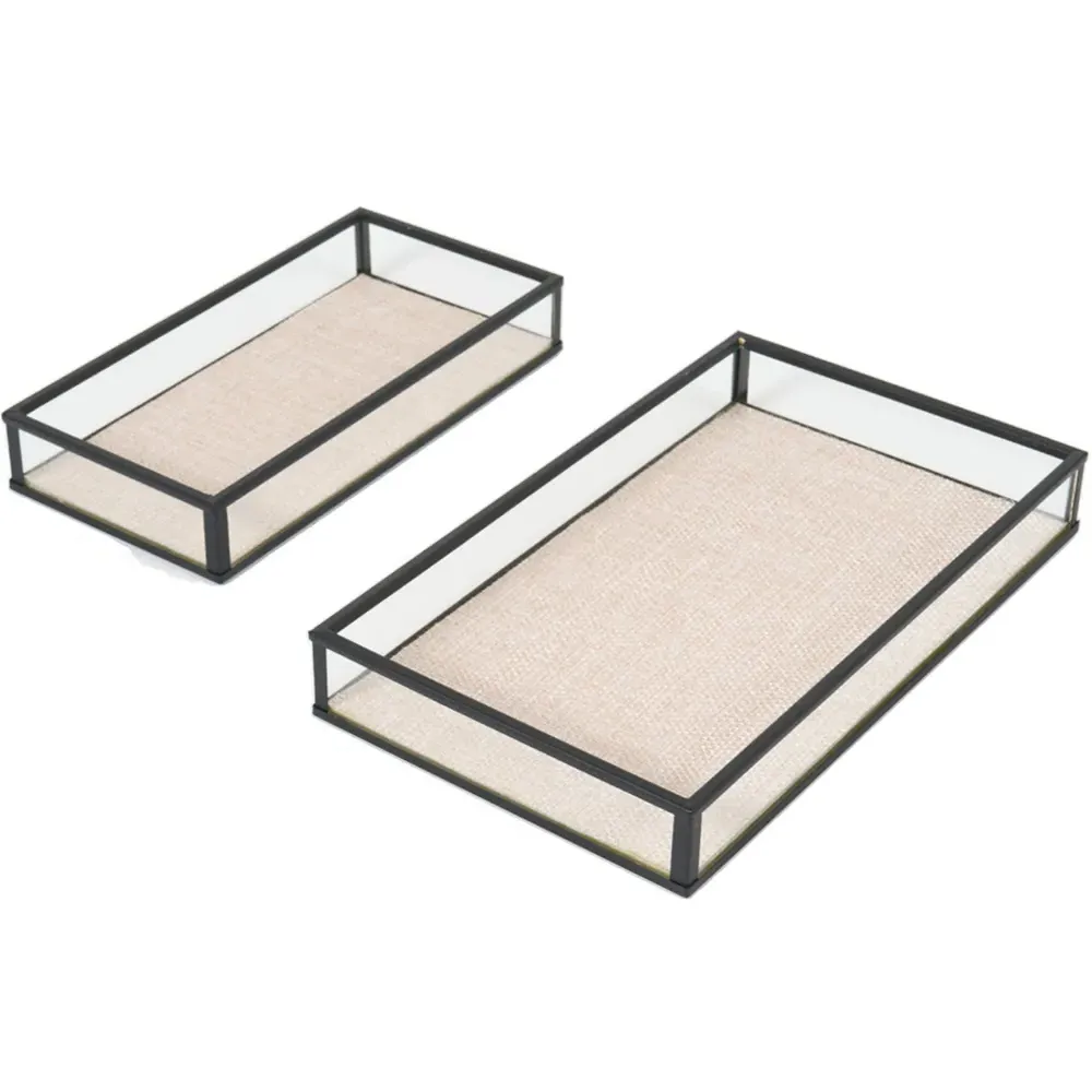 Set of 2 Glass and Linen Trays - Natural