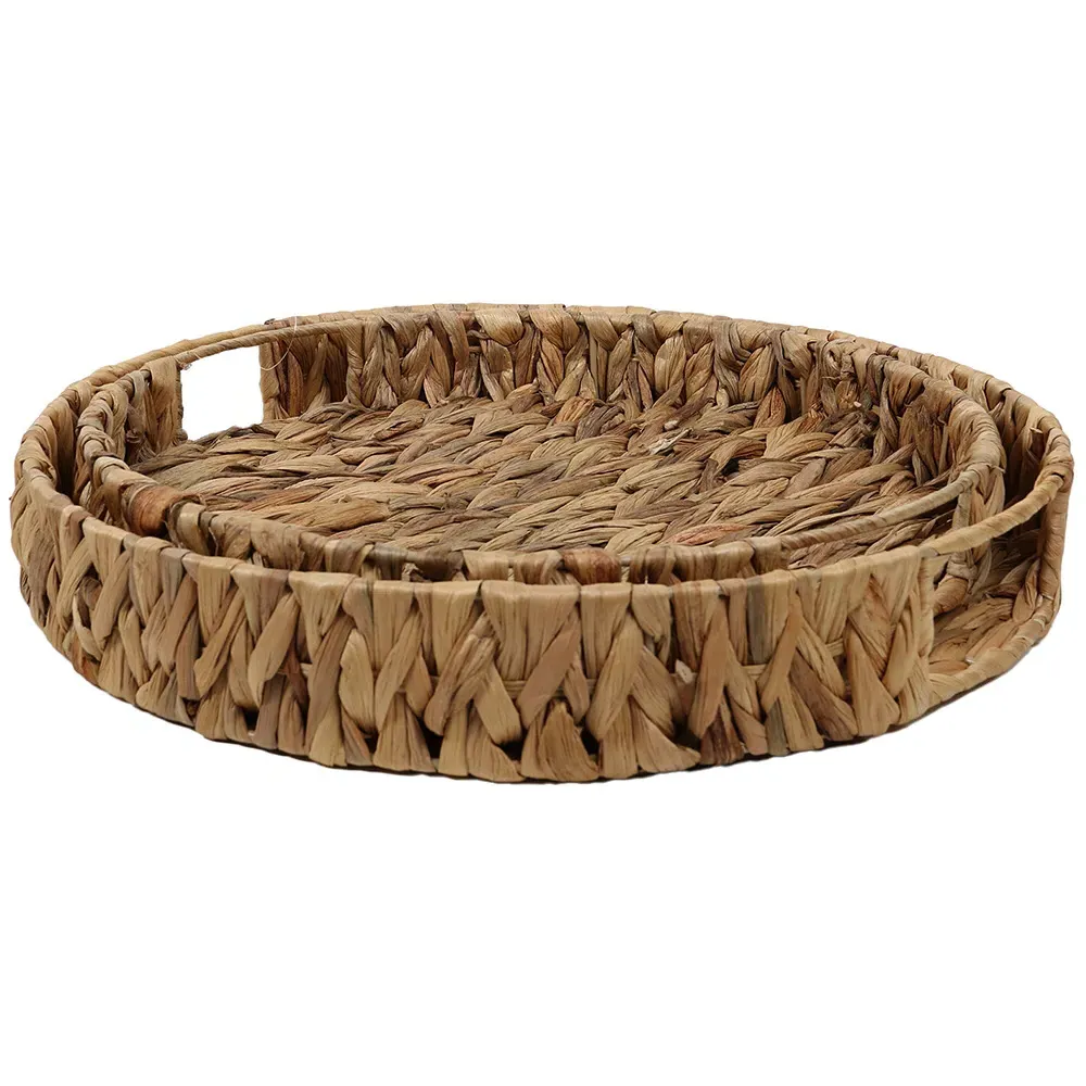 Set of 2 Round Water Hyacinth Trays - Brown