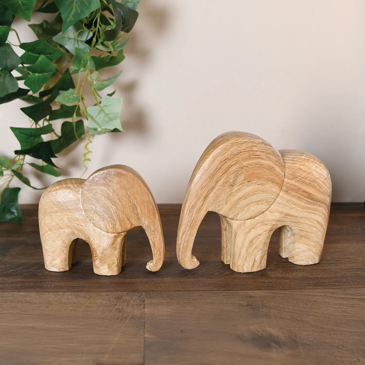 Set of 2 Wood Effect Elephant Ornaments - Natural