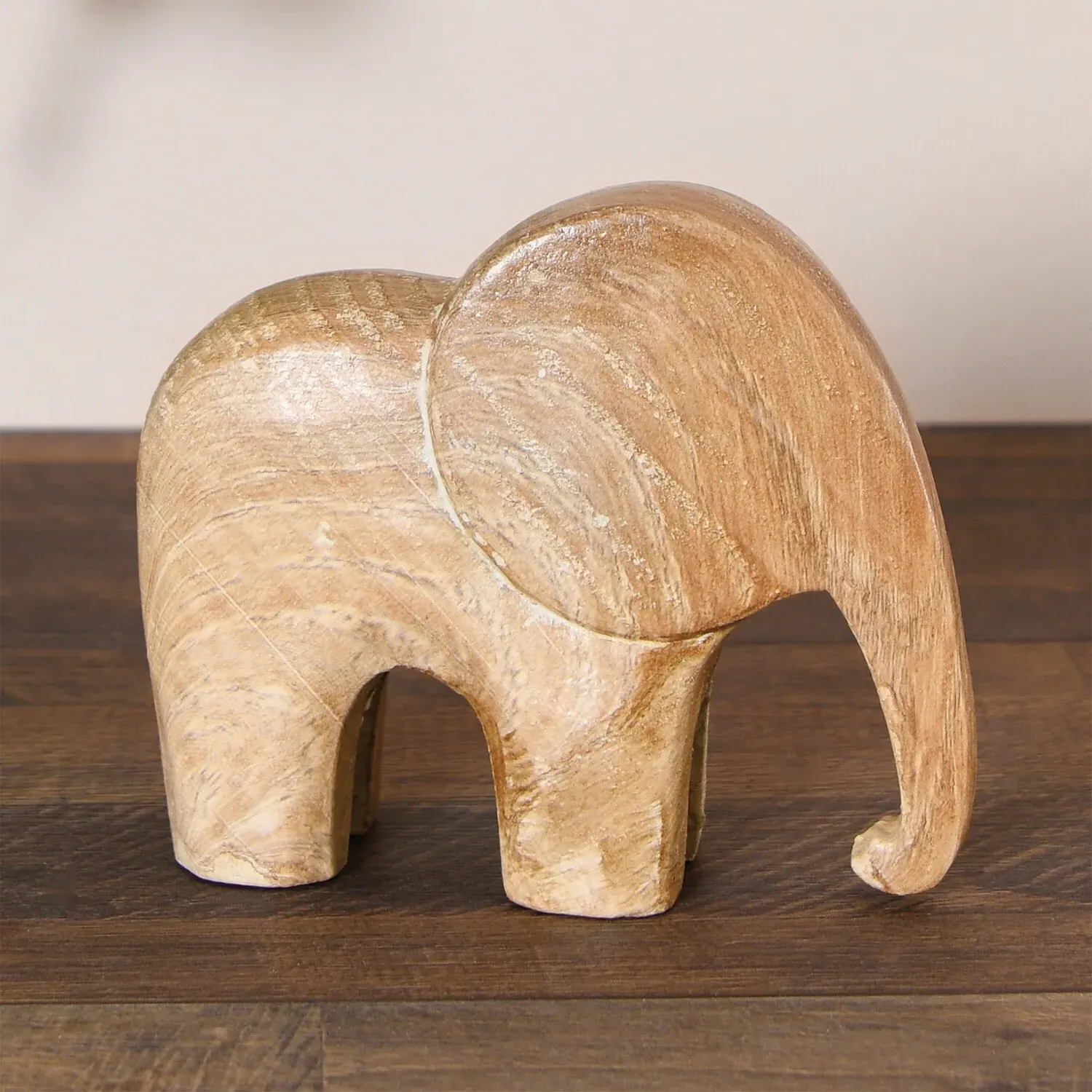 Set of 2 Wood Effect Elephant Ornaments - Natural