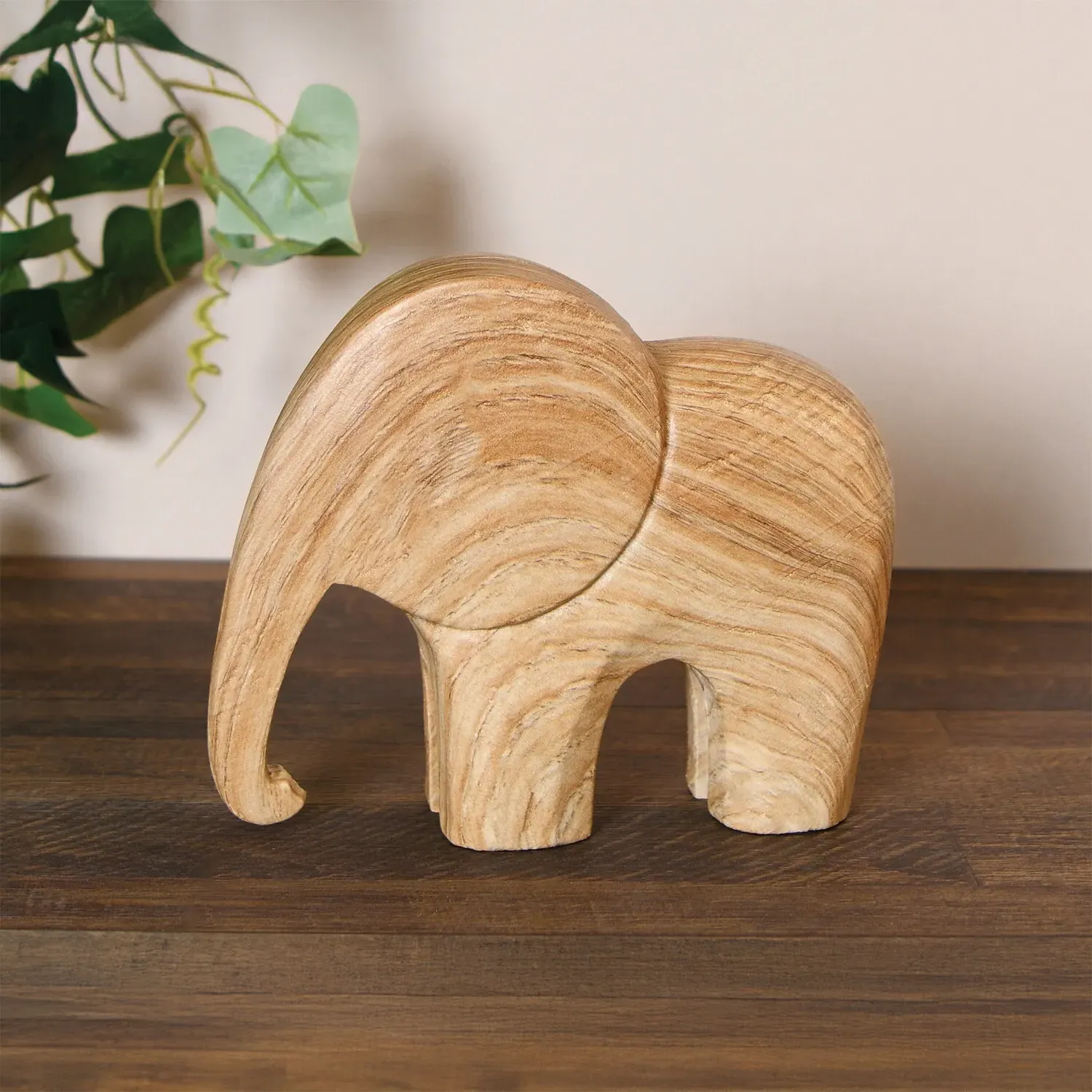 Set of 2 Wood Effect Elephant Ornaments - Natural