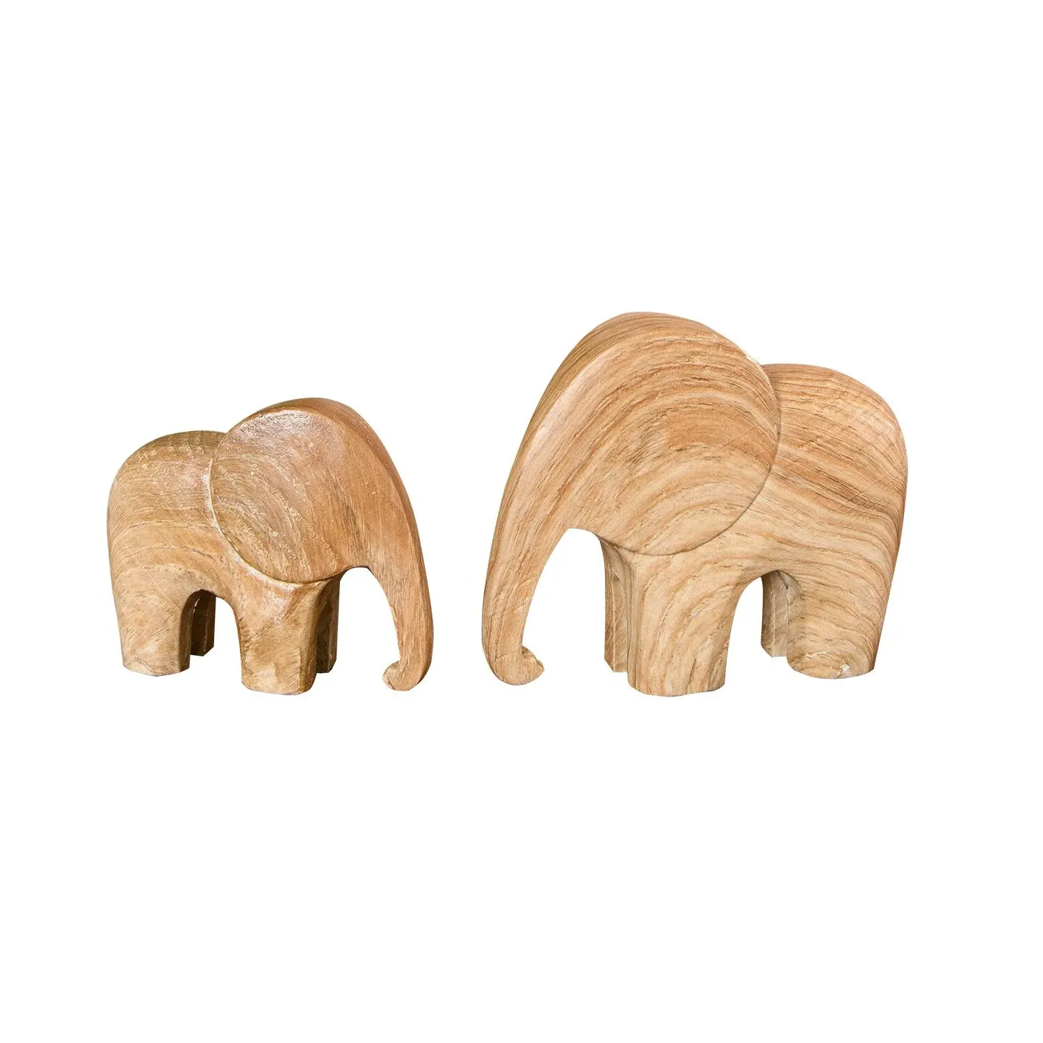 Set of 2 Wood Effect Elephant Ornaments - Natural