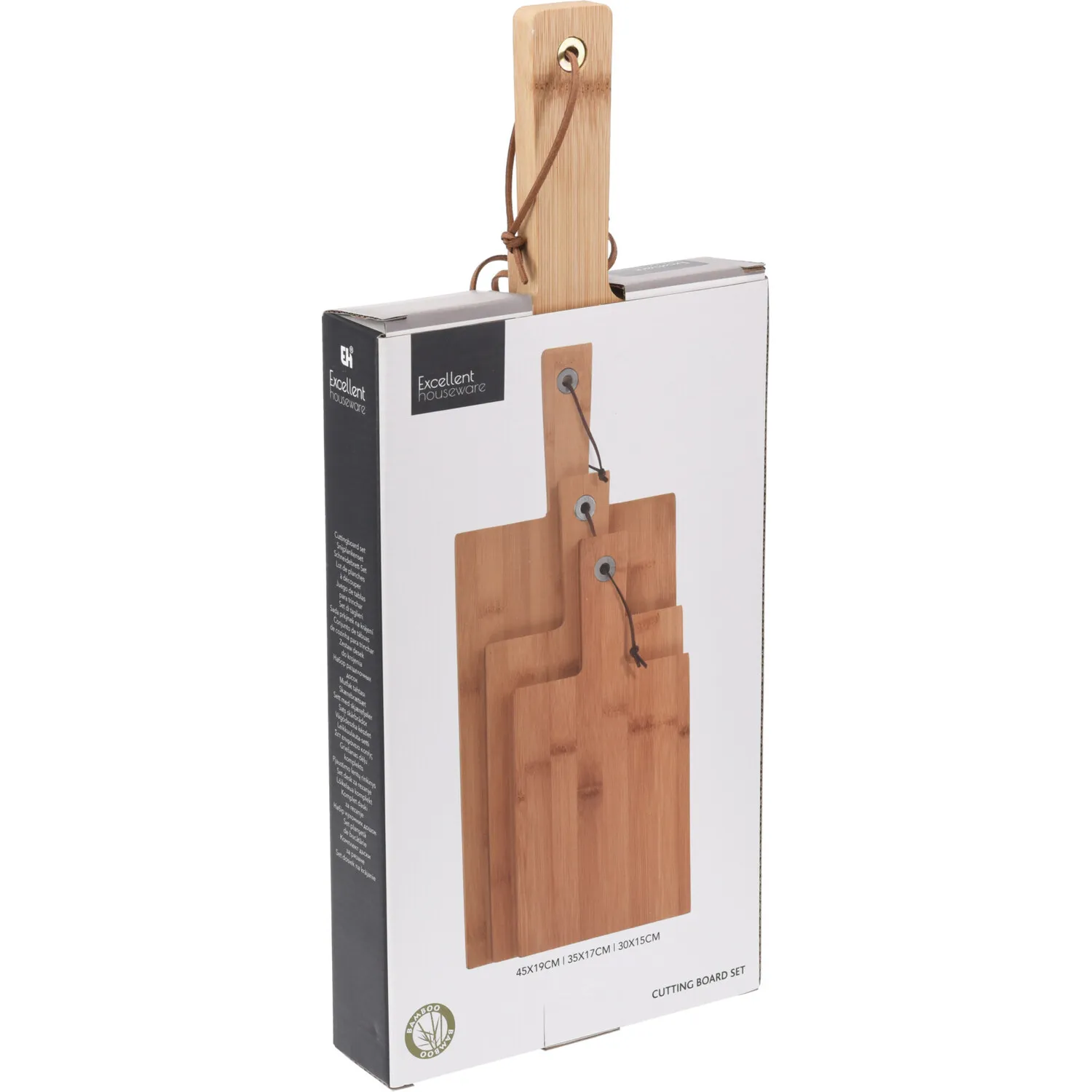 Set of 3 Bamboo Cutting Boards with Leather Rope - Natural
