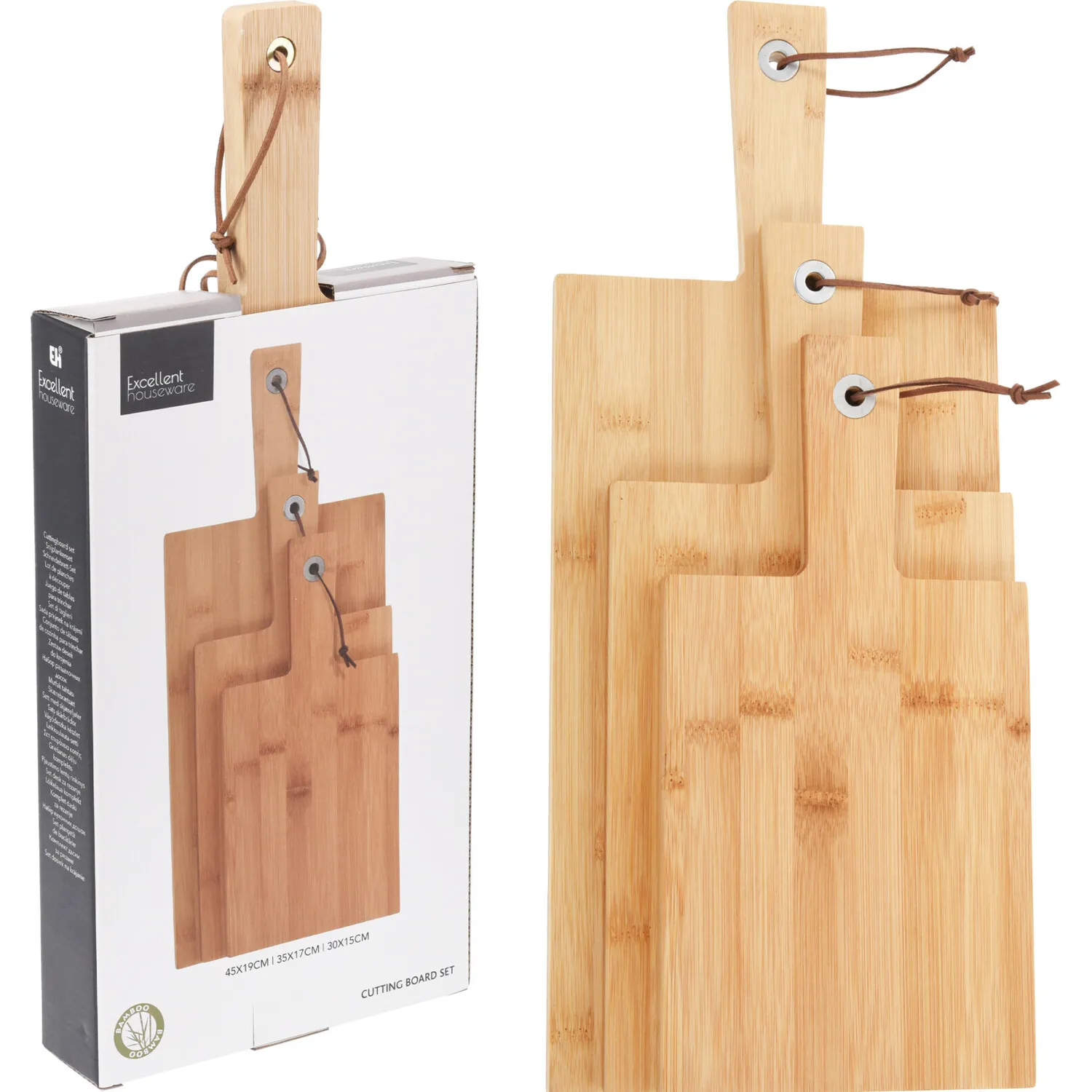 Set of 3 Bamboo Cutting Boards with Leather Rope - Natural