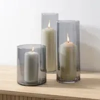 Set of 3 Cylindrical Candle Holders - Grey, Smoked Glass