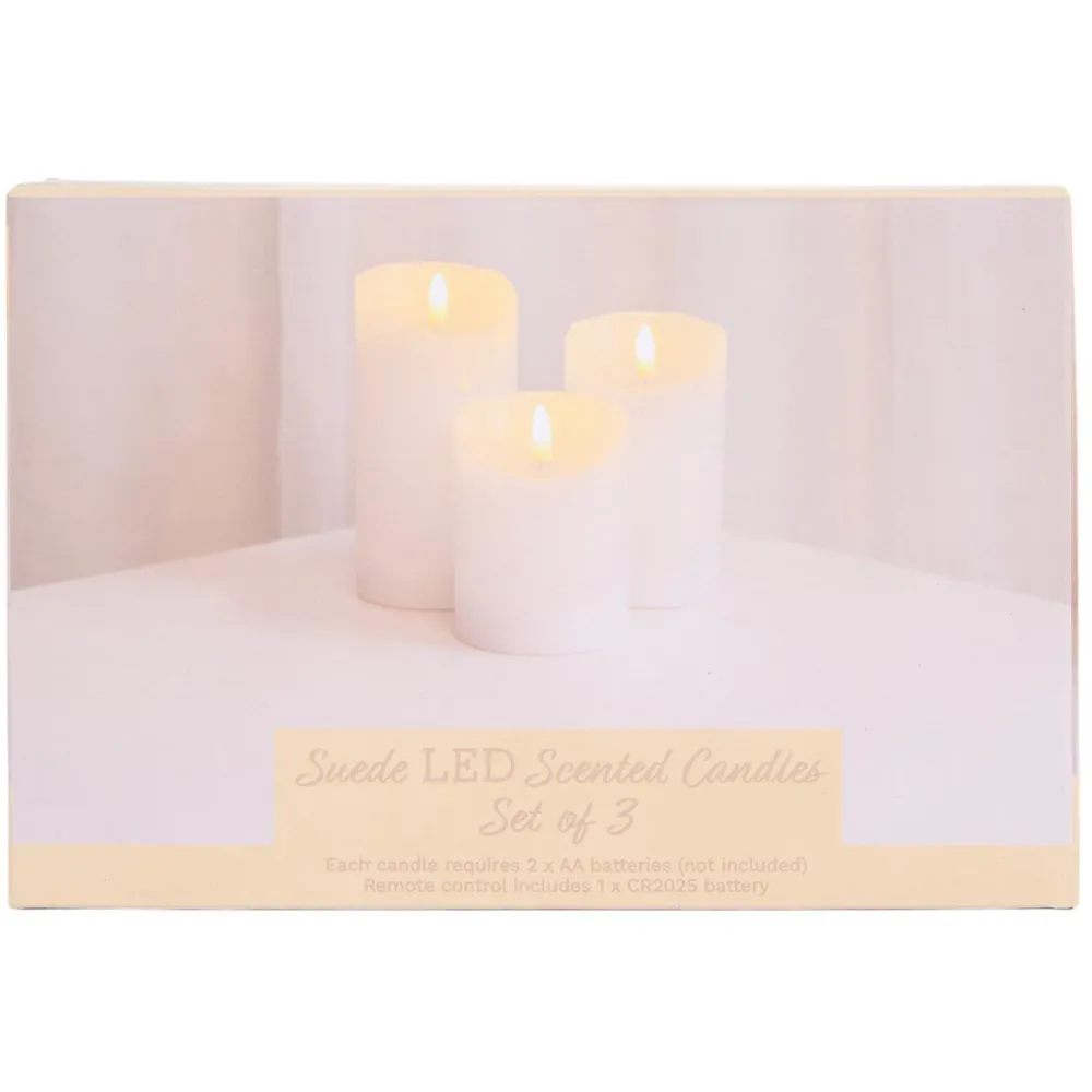 Set of 3 LED Scented Candles - White, Suede