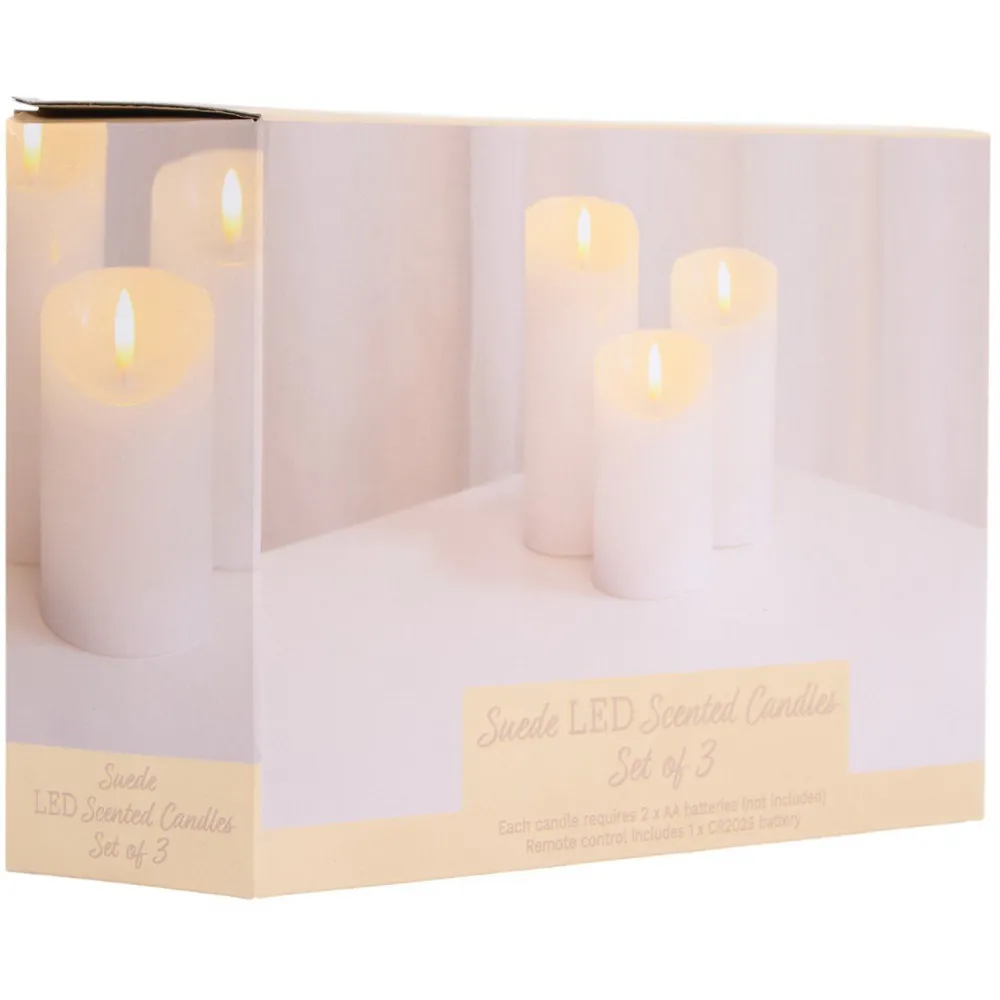 Set of 3 LED Scented Candles - White, Suede