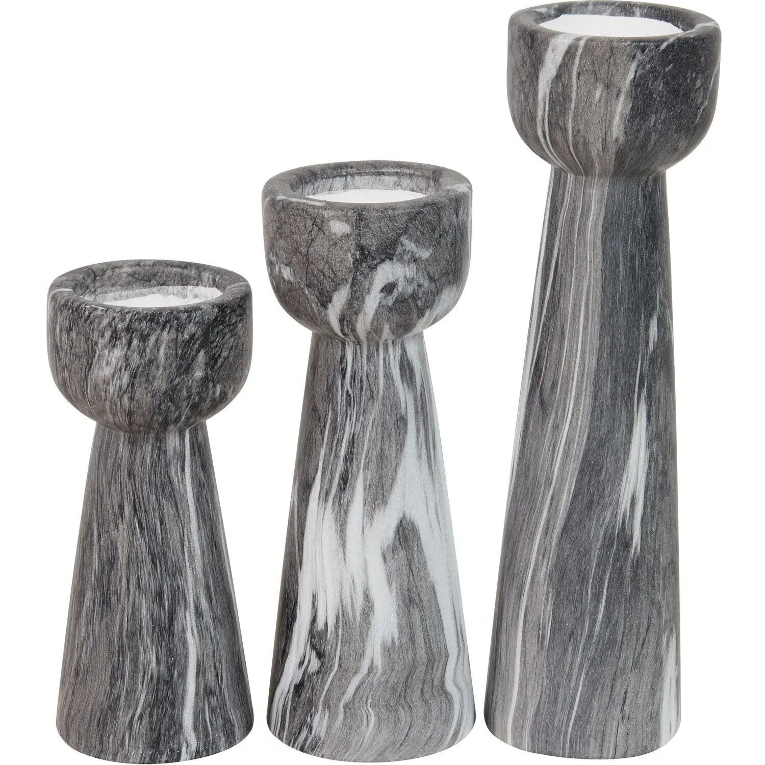 Set of 3 Marble Tealight Holders - Black, Ceramic