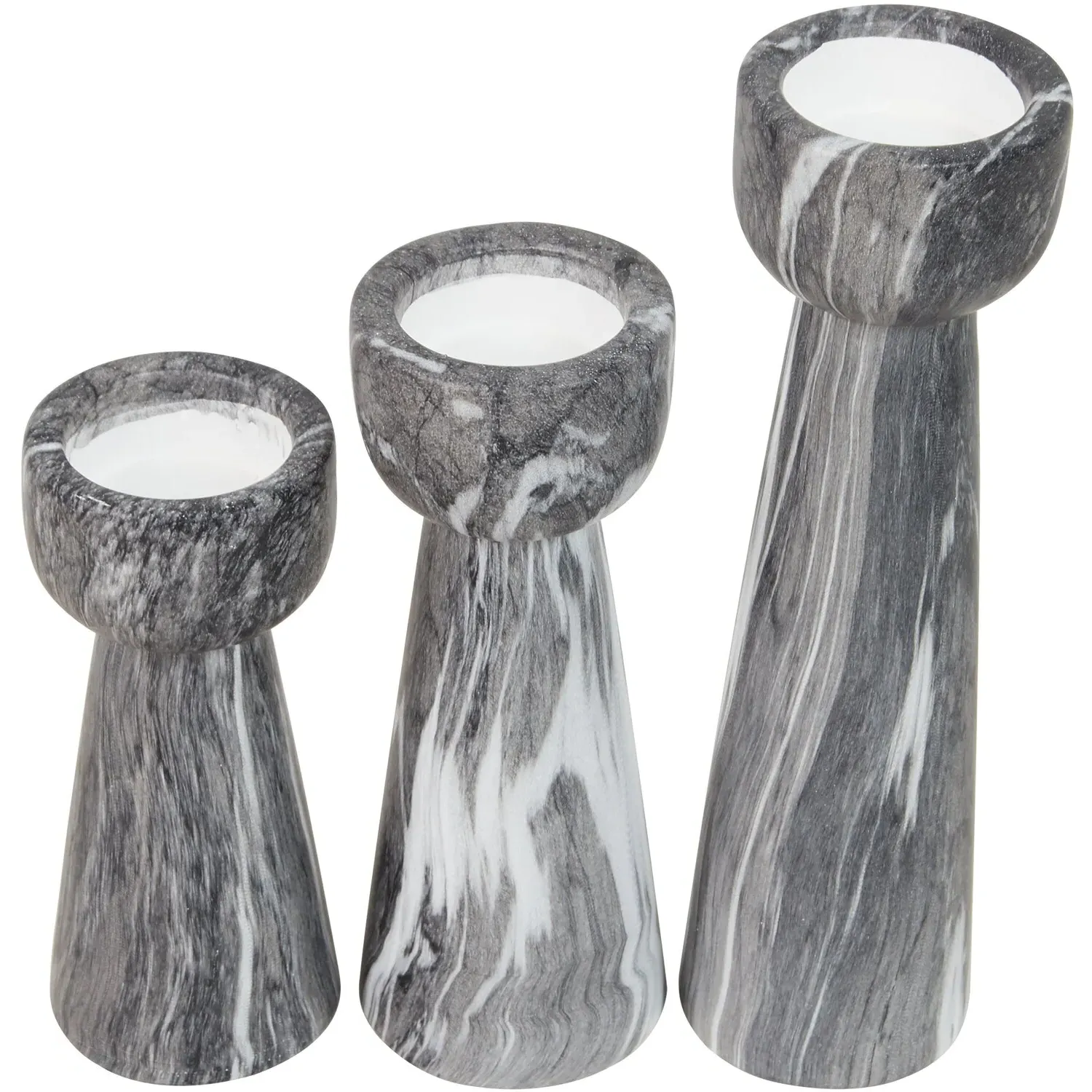 Set of 3 Marble Tealight Holders - Black, Ceramic