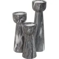 Set of 3 Marble Tealight Holders - Black, Ceramic