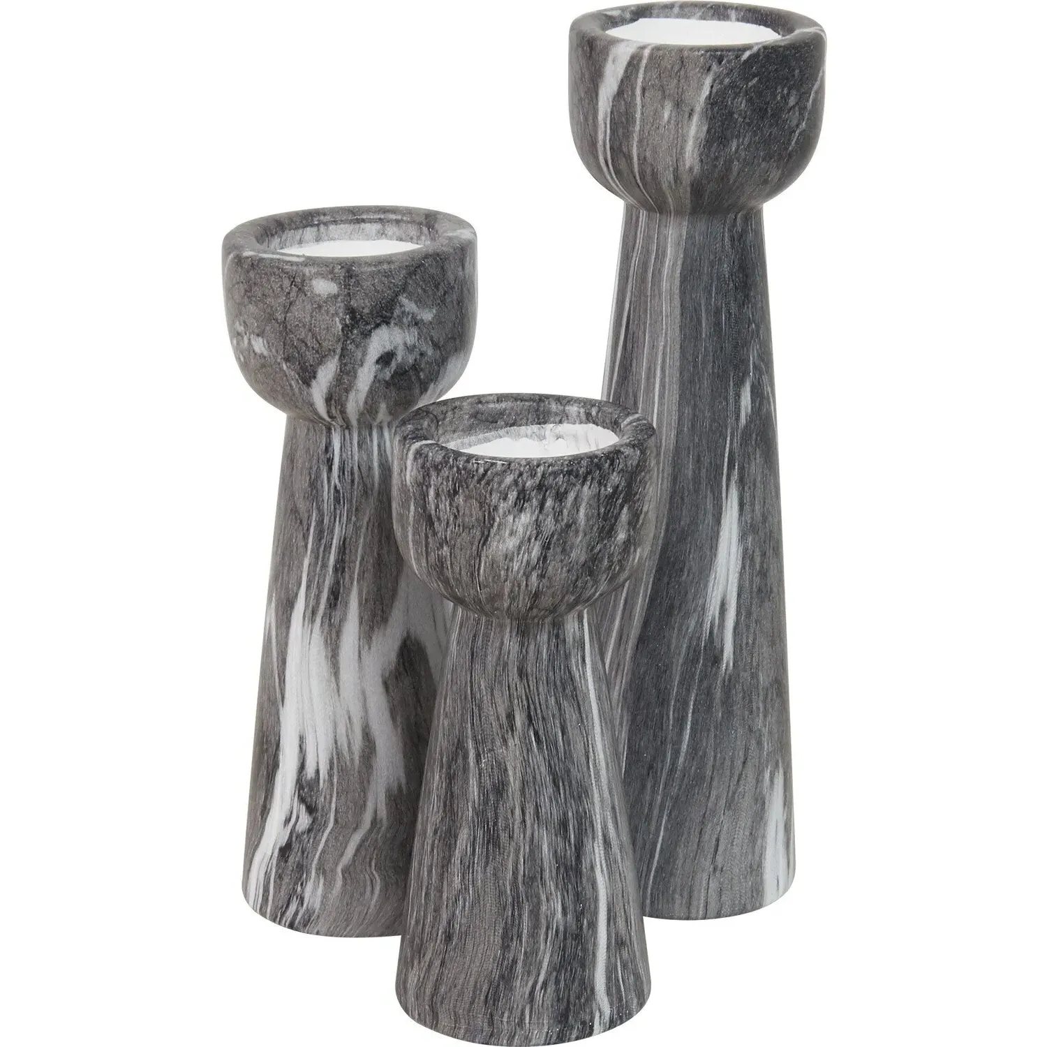Set of 3 Marble Tealight Holders - Black, Ceramic