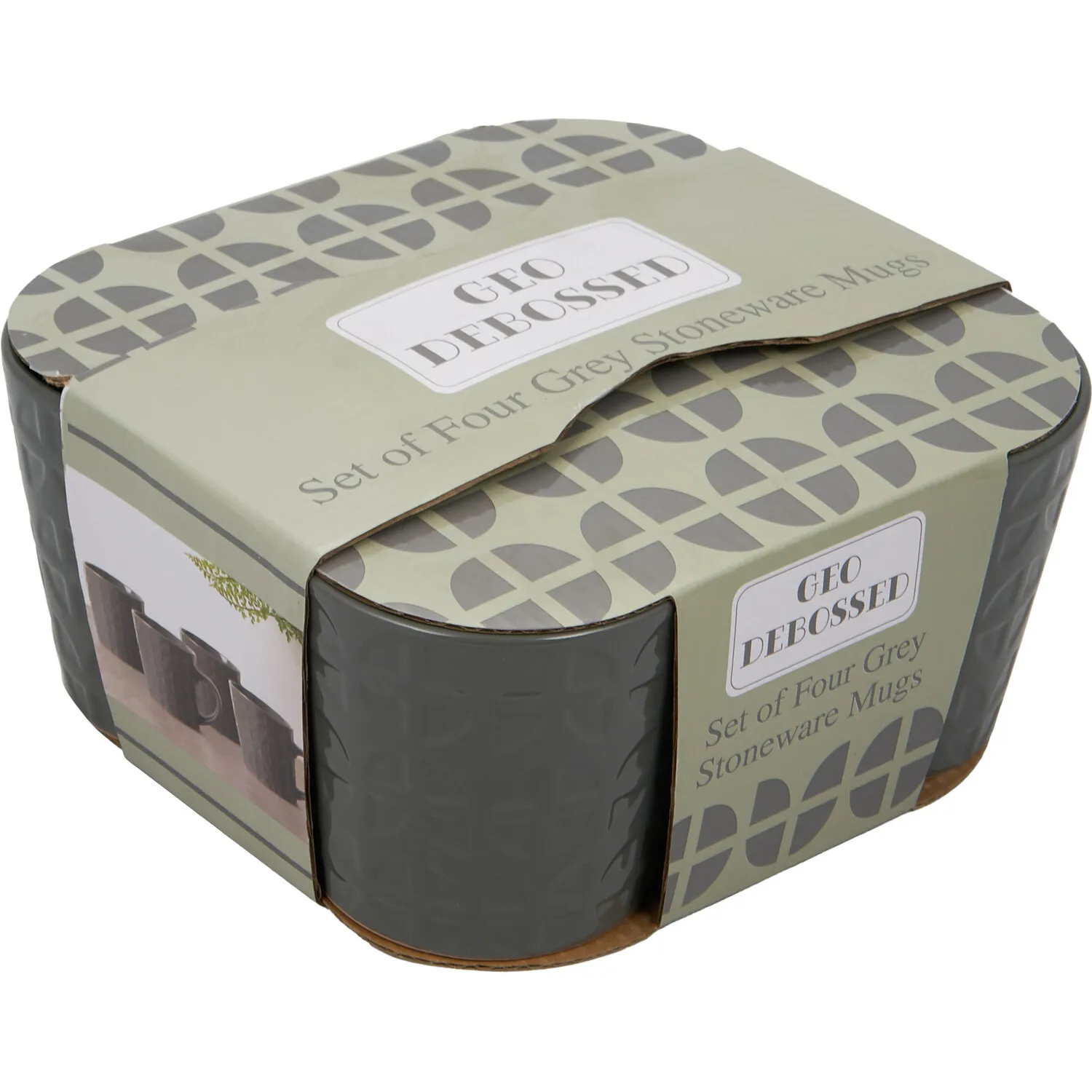 Set of 4 Geo Debossed Mugs - Grey