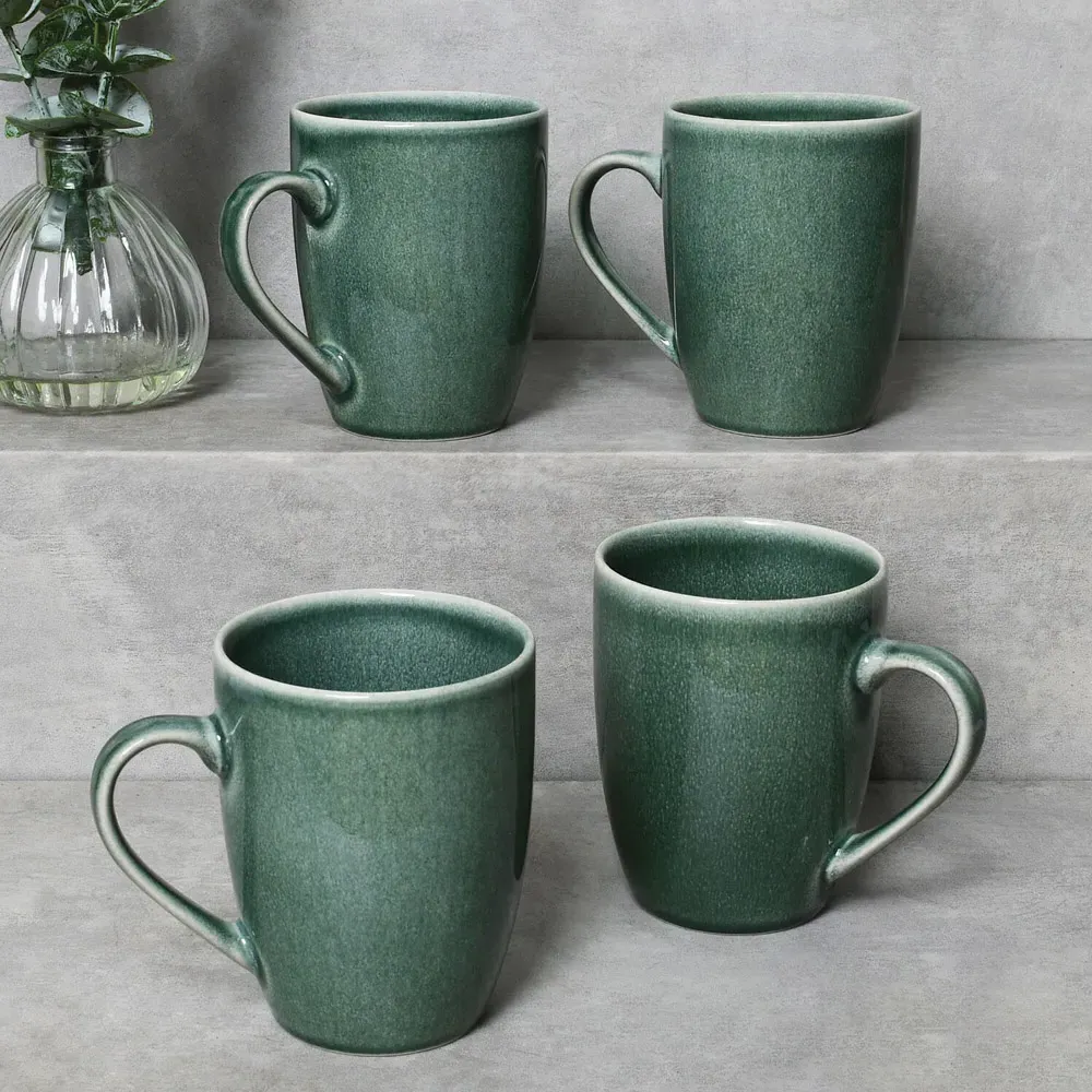 Set of 4 Stoneware Mugs with Reactive Glaze - Green