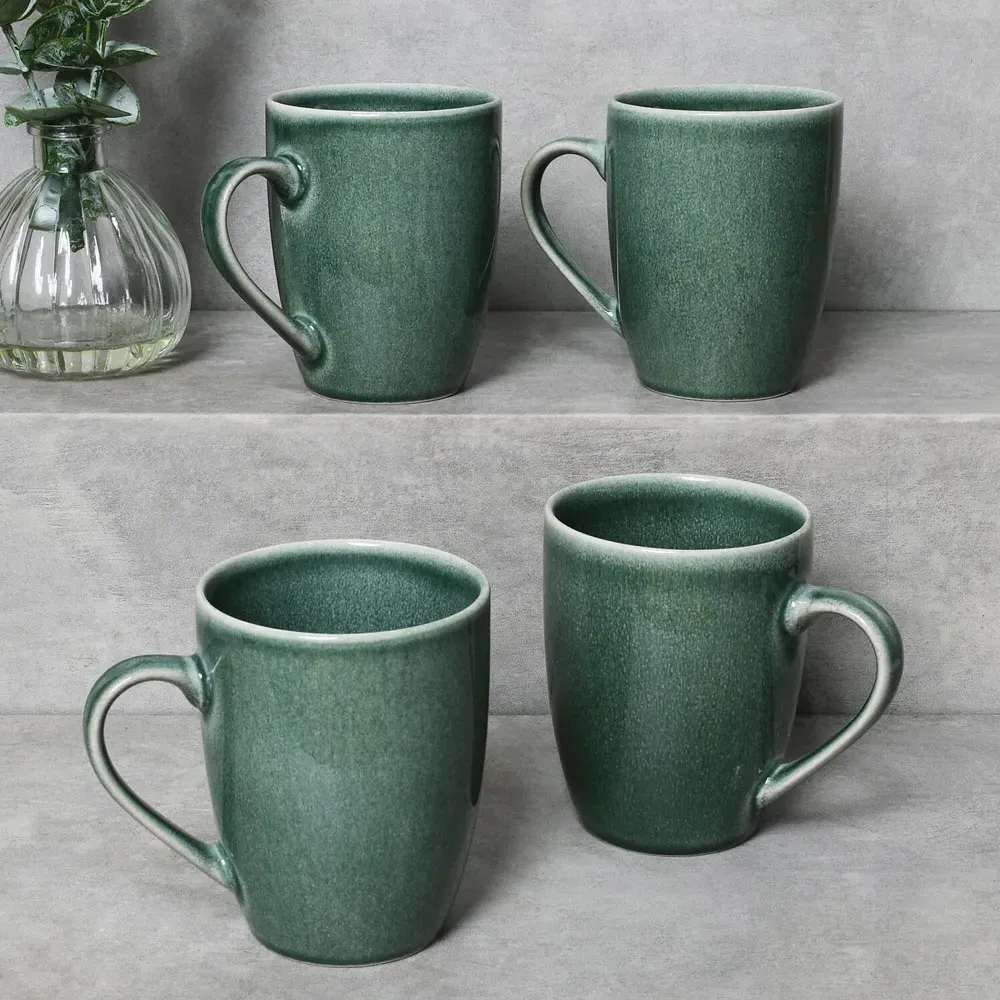Set of 4 Stoneware Mugs with Reactive Glaze - Green