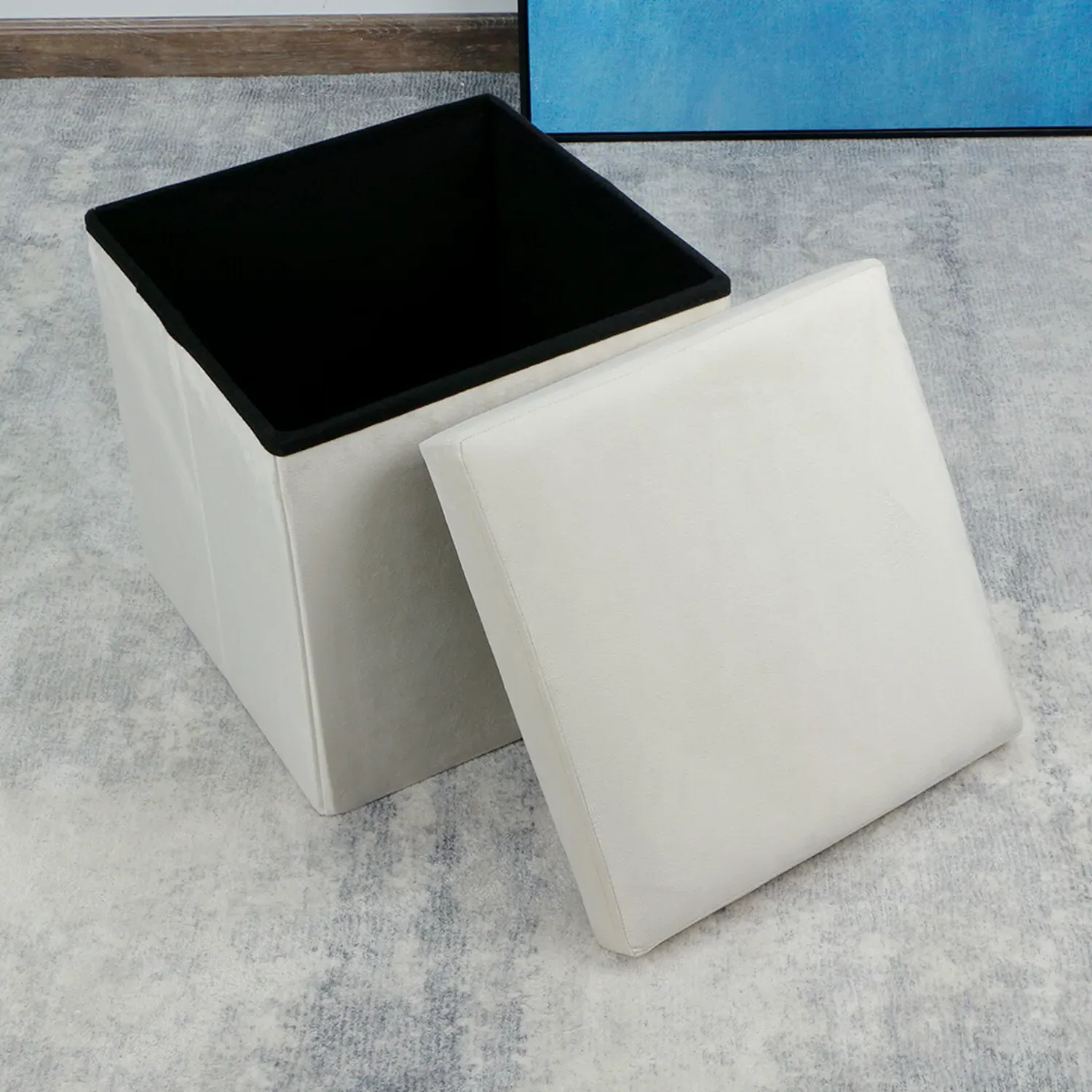 Seville Cube Ottoman with Storage - Cream, Crushed Velvet