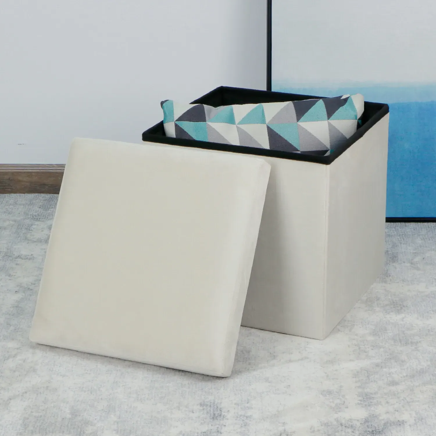 Seville Cube Ottoman with Storage - Cream, Crushed Velvet