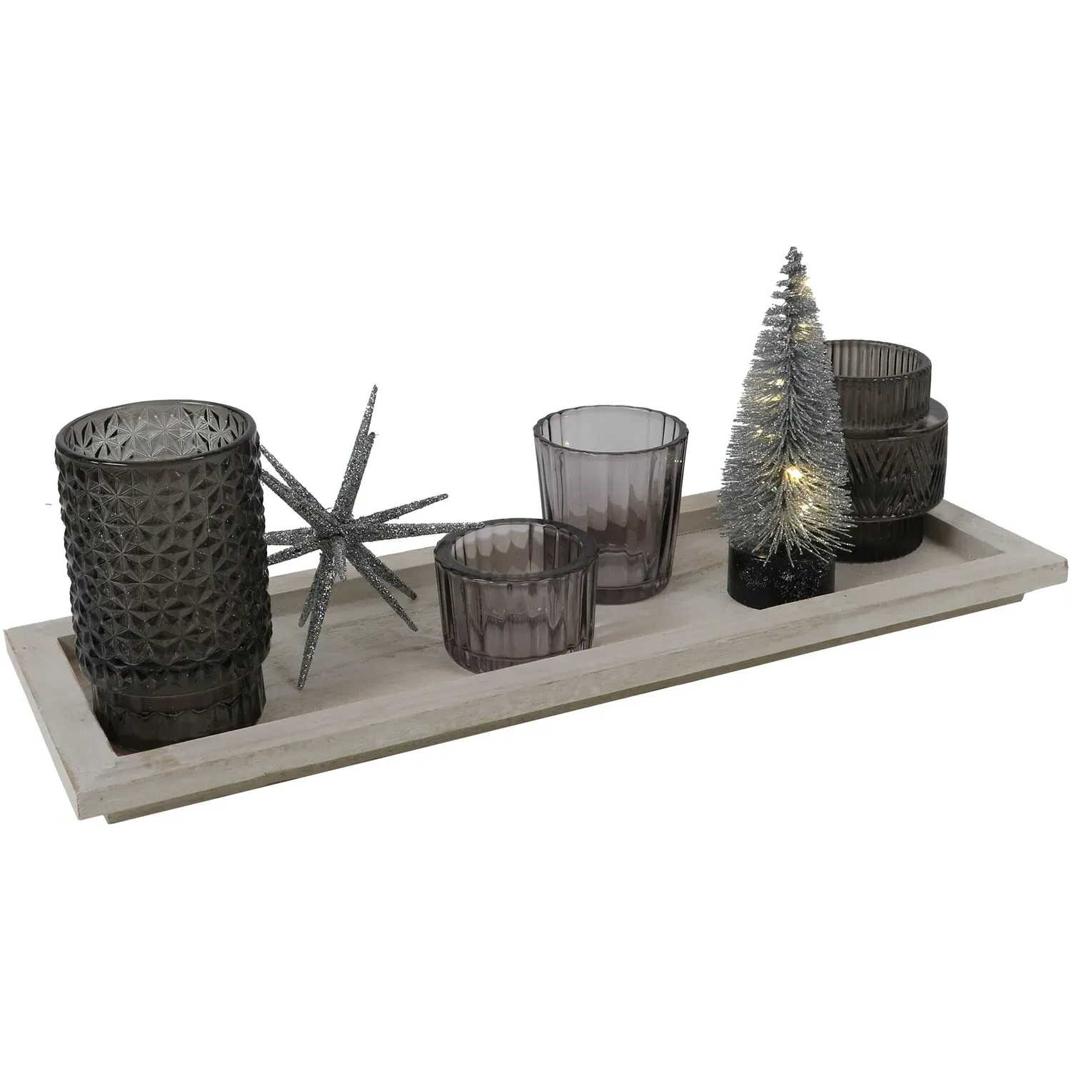 Shimmer Candle Tray with LED Tree - Grey