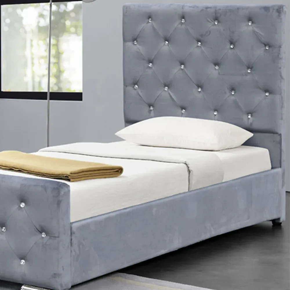 Single Chesterfield Bed Frame with Diamante - Grey, Velvet