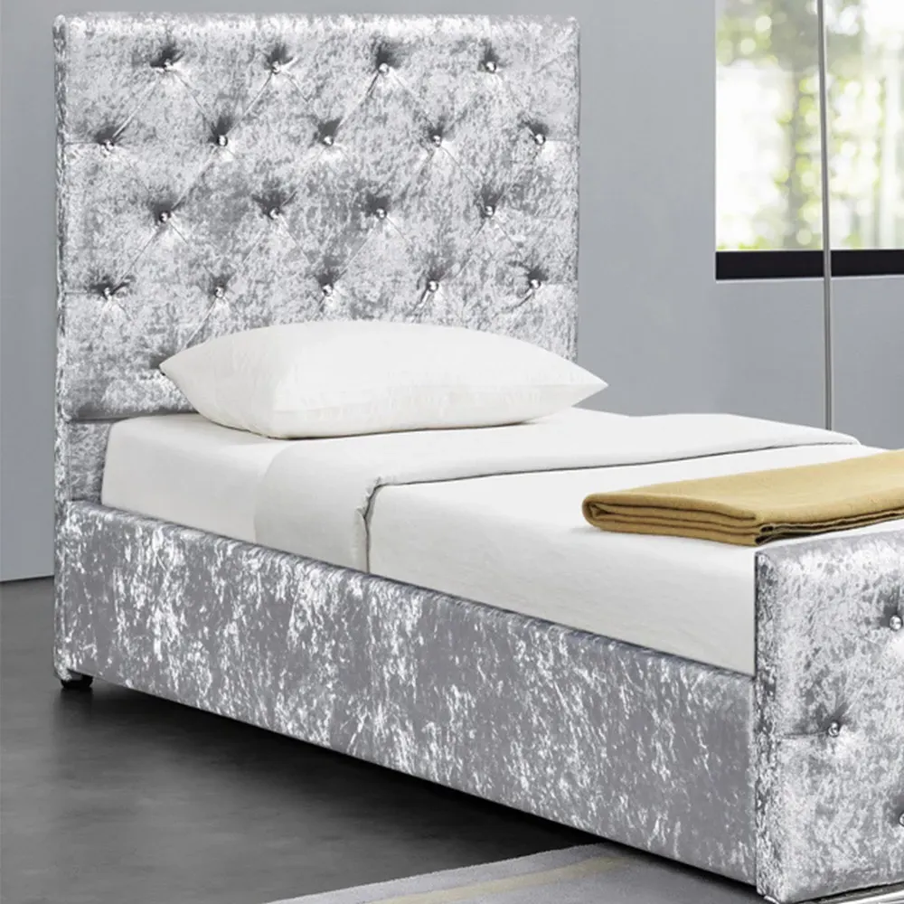 Single Chesterfield Bed Frame with Diamante - Silver, Velvet