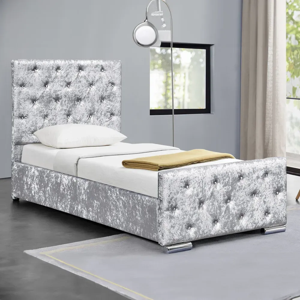 Single Chesterfield Bed Frame with Diamante - Silver, Velvet