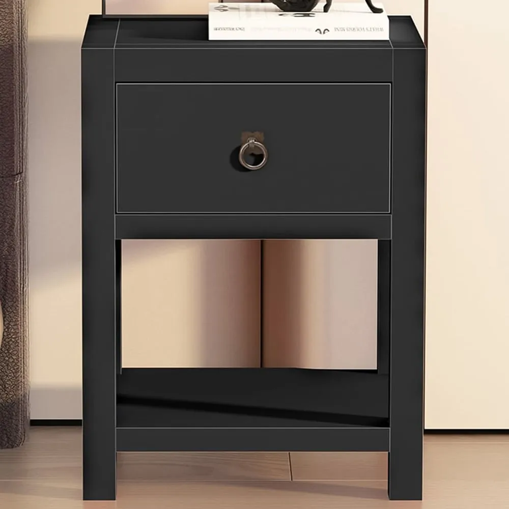 Sino Single Drawer Bedside Table with Shelf - Black, Pine