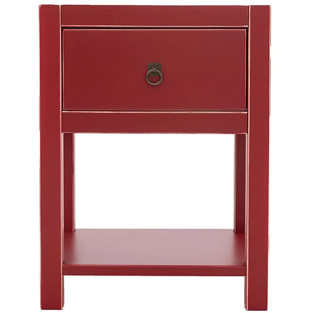 Sino Single Drawer Bedside Table with Shelf - Red, Pine