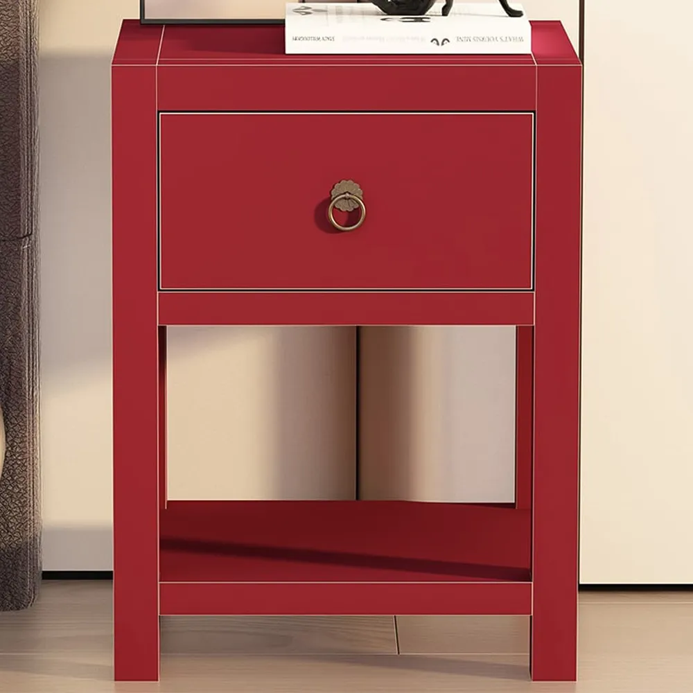 Sino Single Drawer Bedside Table with Shelf - Red, Pine