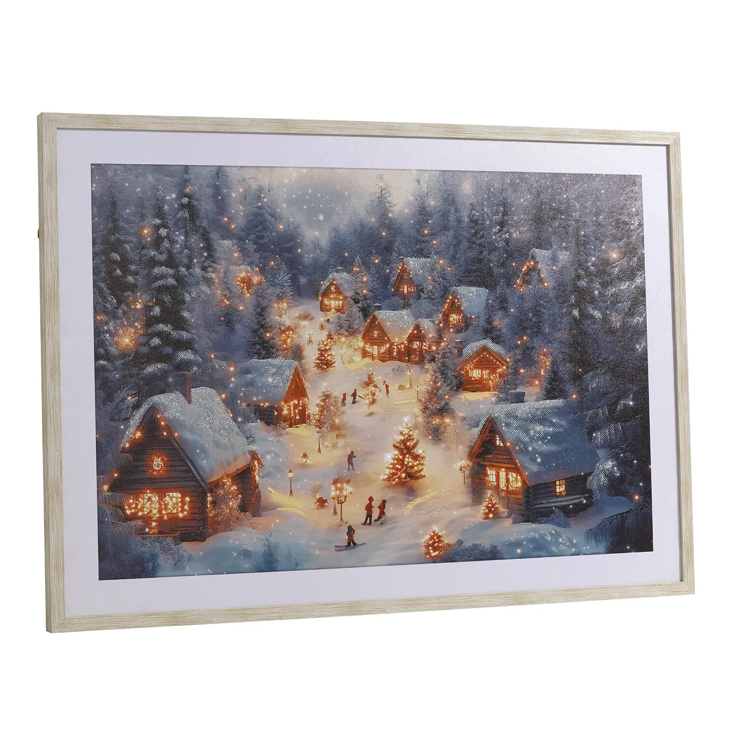 Ski Lodge At Dusk Glitter Framed Print - Grey