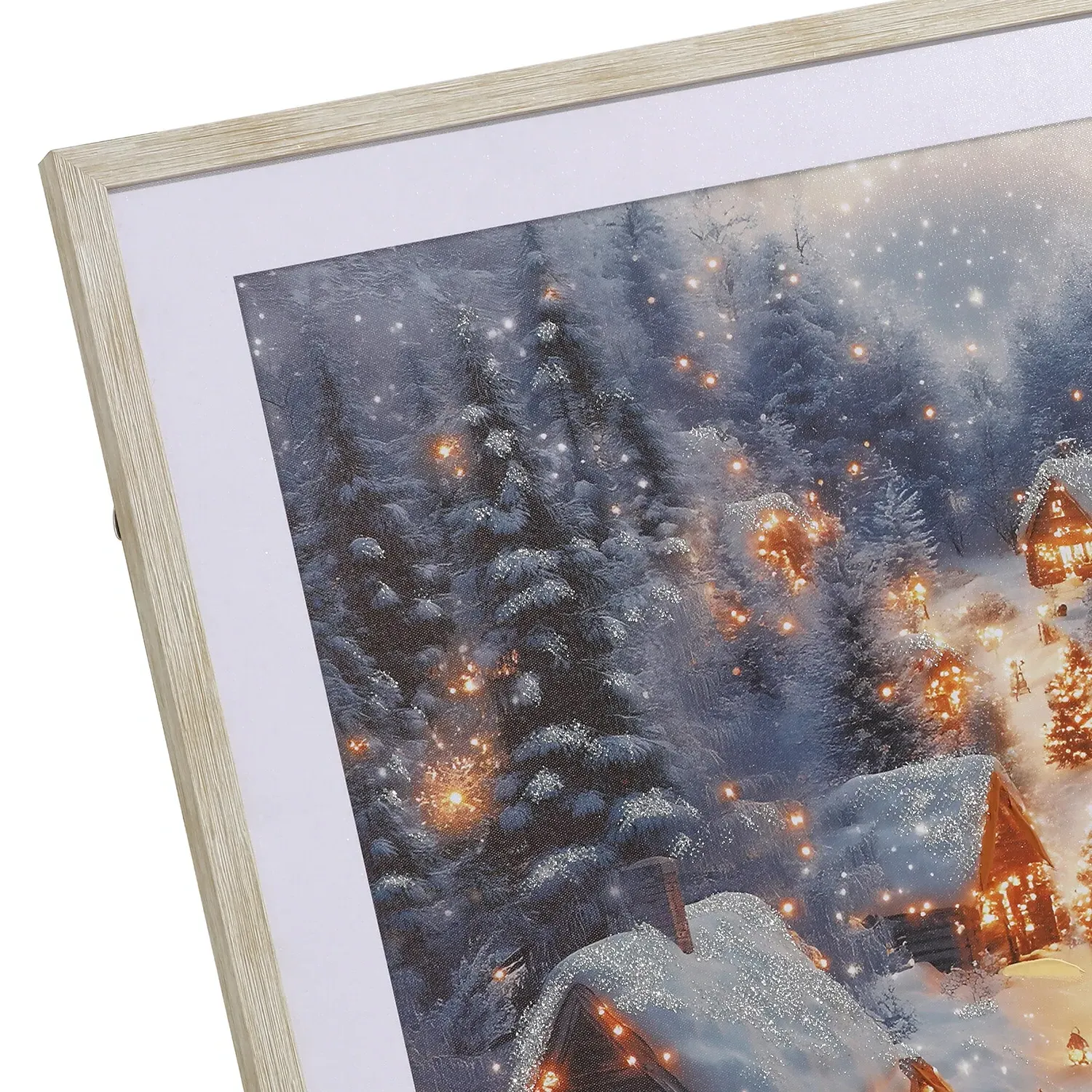 Ski Lodge At Dusk Glitter Framed Print - Grey