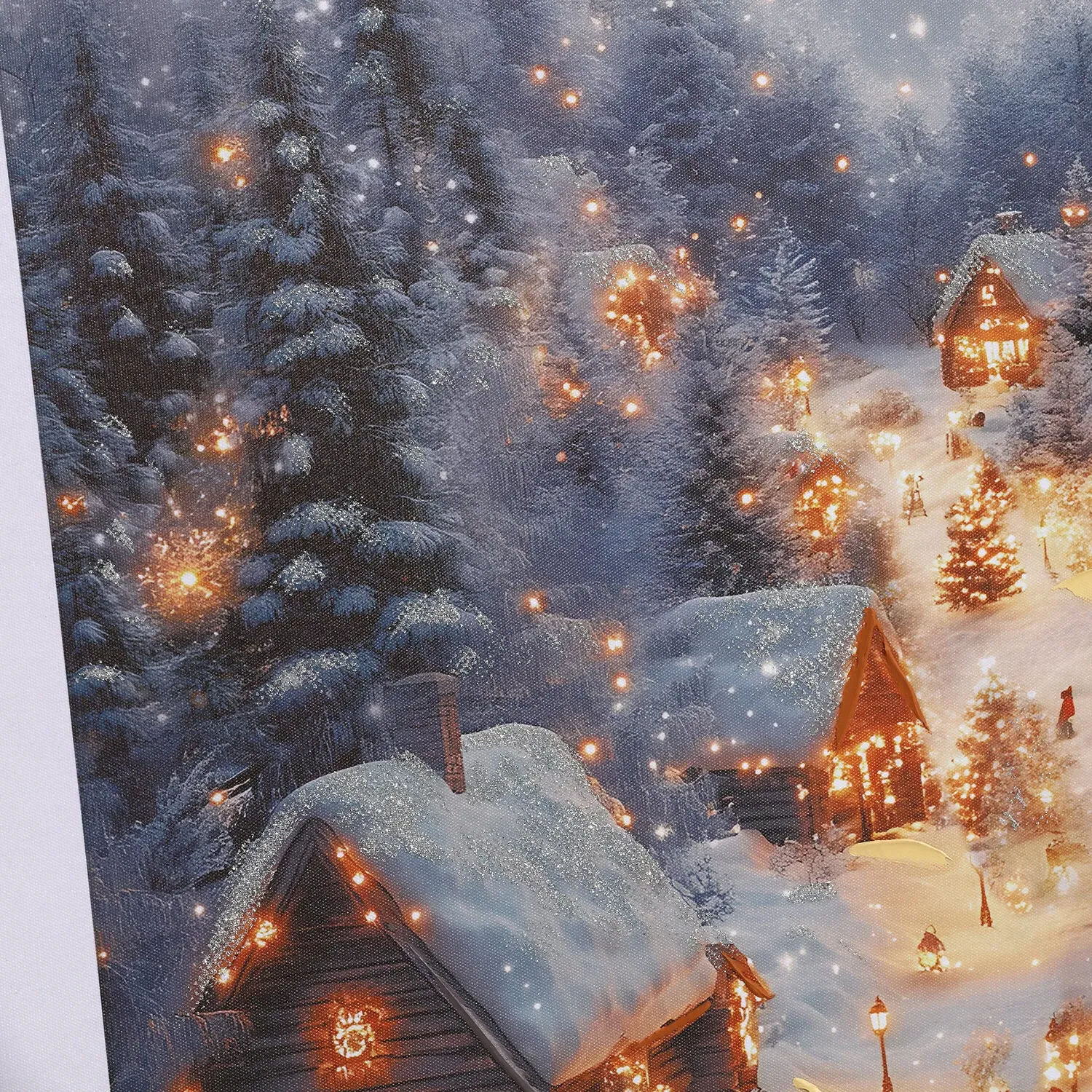 Ski Lodge At Dusk Glitter Framed Print - Grey