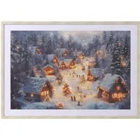 Ski Lodge At Dusk Glitter Framed Print - Grey