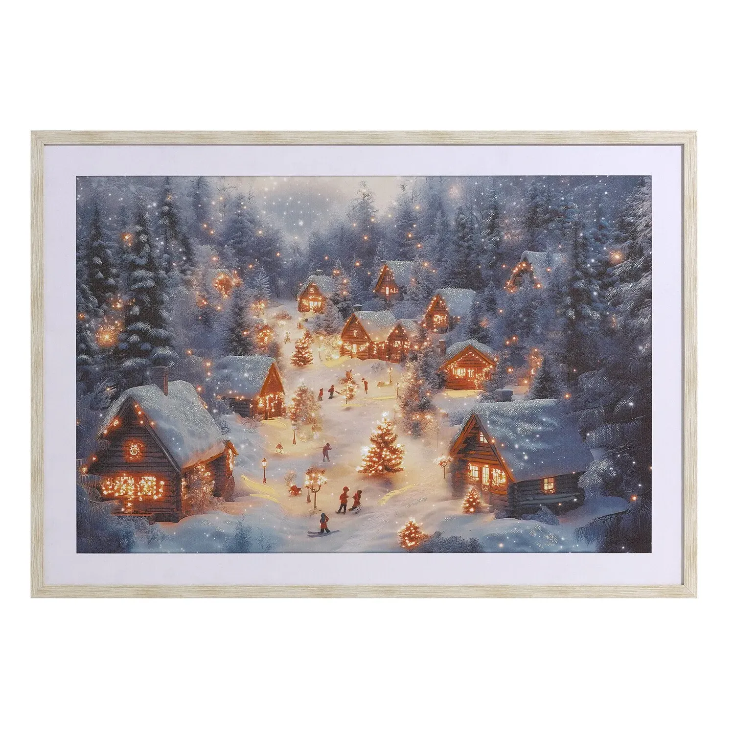 Ski Lodge At Dusk Glitter Framed Print - Grey image