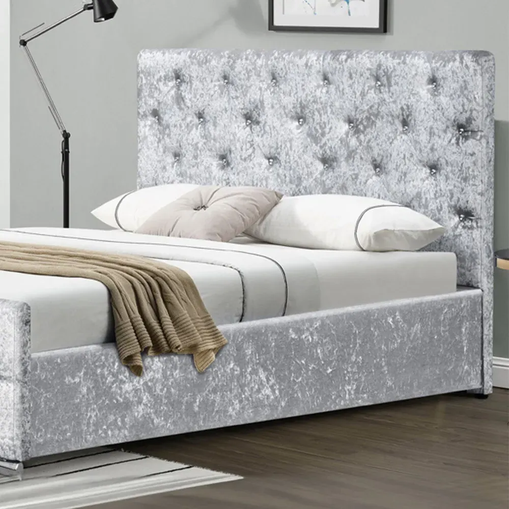 Small Double Chesterfield Bed Frame with Diamante - Silver, Velvet
