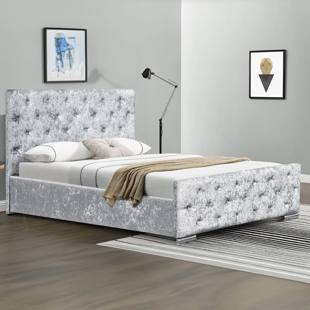 Small Double Chesterfield Bed Frame with Diamante - Silver, Velvet