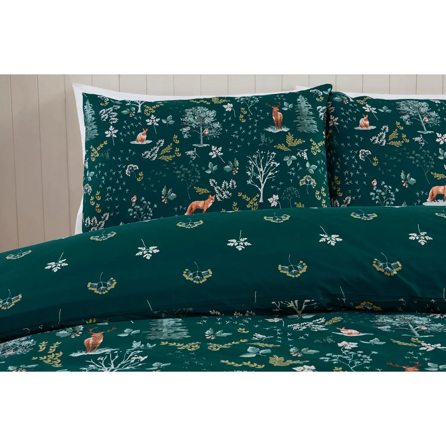 Snowy Forest King Size Duvet Cover Set - Emerald Green, Cotton