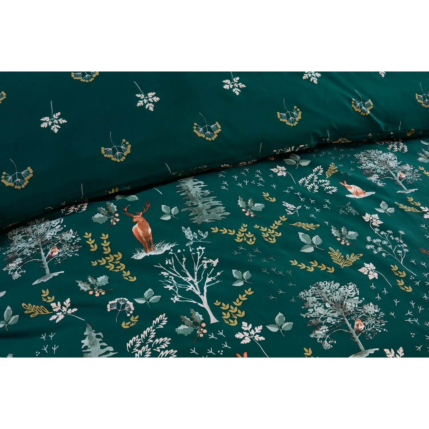 Snowy Forest King Size Duvet Cover Set - Emerald Green, Cotton