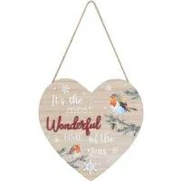 Snowy Robin Heart Plaque - Wood