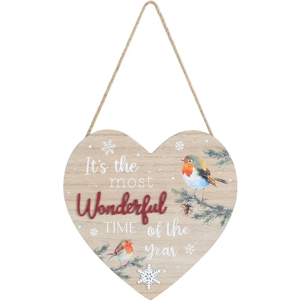 Snowy Robin Heart Plaque - Wood image