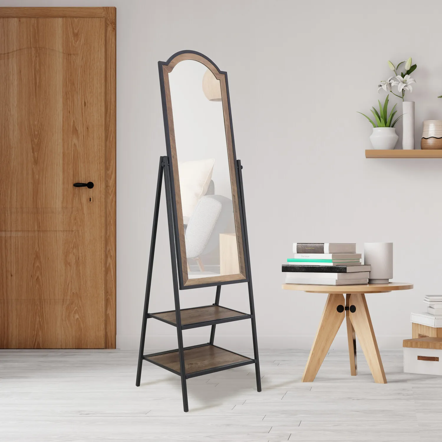 Standing Mirror with Shelves - Brown, Wood Effect