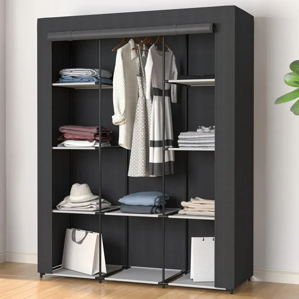 Steel Frame Fabric Wardrobe - Black